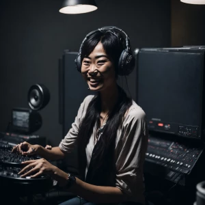 Create a hit japanese singer who is in the recording studio, smi...