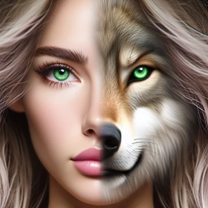 Create a close-up image of a half human female face morphing into half wolve face, blending seamlessly at the nose. Both have green eyes and light colored hair blowing in the wind.