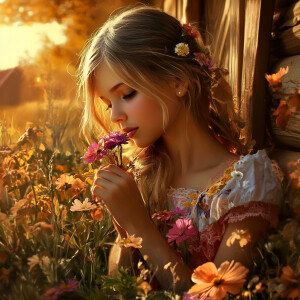 A beautiful girl enjoys with flowers in the garden of her farm h...