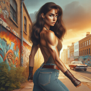 Athletic Thin skinny Attractive, Asian teenage girl, long brown hair and bangs, wearing tight skinny jeans and a halter top paint marks on her clothing, heroic pose Asian graffiti background, backside view