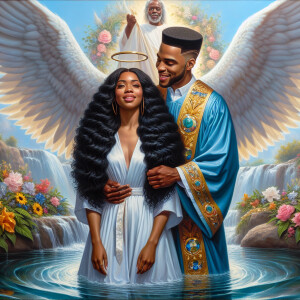 An oil painting depicting a light-skinned African-American pasto...
