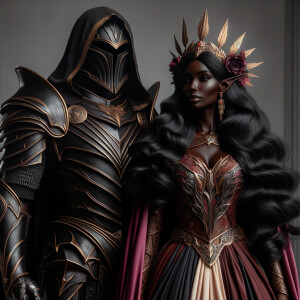 Black knight standing with a Greek elf queen with black hair and burgundy,gold and pink dress