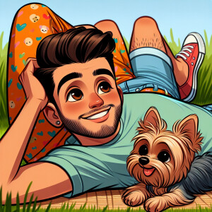 Cartoonish young man laying on the ground, arm outstretched, leg...