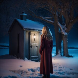A girl with blond hair opens the door of a house, looks at a lon...