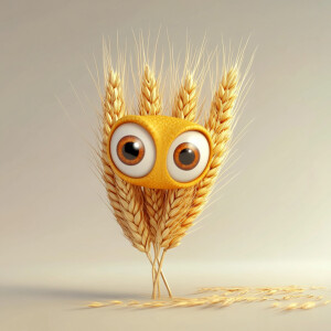 cute cartoon wheat, ear of wheat with big cute eyes eyes in 3d s...