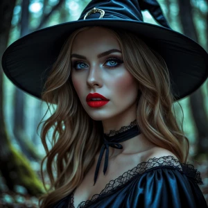 Create an image of a captivating witch with striking red lips, s...