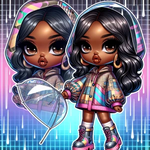 A chibi African American girl with big brown eyes, glossy lips,...