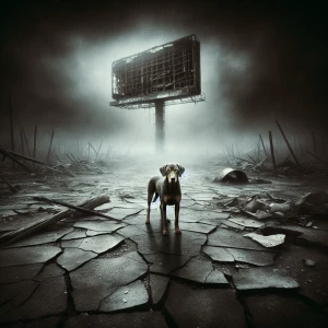 A lone dog standing on cracked asphalt in front of a crumbling billboard, its eyes glowing faintly in the low, eerie light