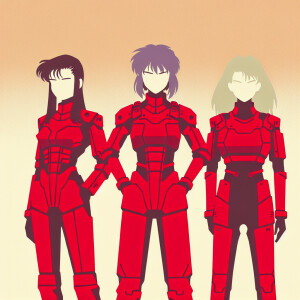 1990s anime screencap, 3 girls in red plugsuit, Asuka, standing...