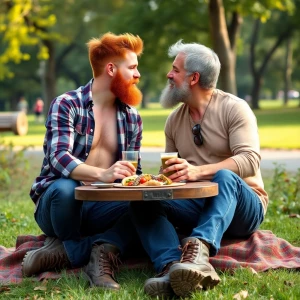 Generate an image depicting two realistic men having a picnic in...