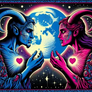 Horned human couple creatures blue man and pink women in love wi...