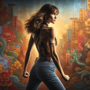 Athletic Thin skinny Attractive, Asian teenage girl, long brown hair and bangs, wearing tight skinny jeans and a halter top paint marks on her clothing, heroic pose Asian graffiti background, backside view