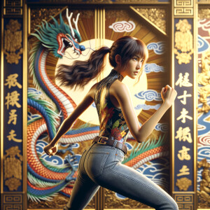 Athletic Thin skinny Attractive, Asian teenage girl, long brown hair and bangs, wearing tight skinny jeans and a halter top paint marks on her clothing, heroic pose Asian graffiti background, backside view