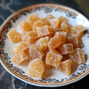 a plate filled with pieces of candied or crystallized ginger. The ginger pieces are irregularly shaped and have a translucent, glossy appearance, indicating they have been coated in sugar syrup. The plate itself is white with decorative orange and black floral patterns along the edges. The background appears to be a dark surface, possibly a table or countertop.

Ask
Explain