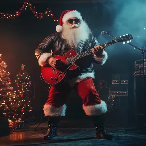 Santa Claus dressed in classic rock 'n' roll style, complete wit...
