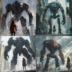 huge mecha woman 10ft tall attacking at girl