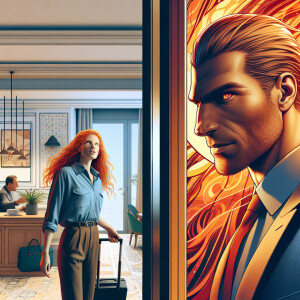 A photorealistic image. A long ginger haired female checking int...