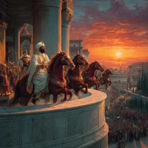 A majestic Middle Eastern king sits on a raised platform at suns...