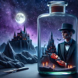 Design a meticulous fantasy diorama within a transparent glass b...