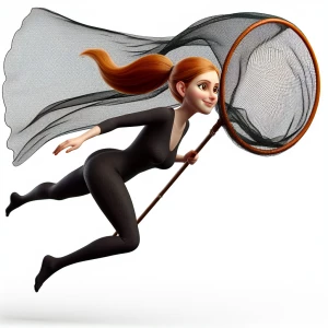 Ginger haired ponytail  woman in black facing camera  flying thr...