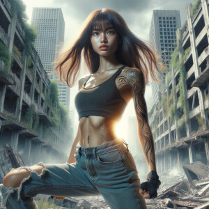 Thin Asian teen girl wearing tight jeans and a halter top Long brown hair and bangs, tattoos on her arms, athletic heroic pose