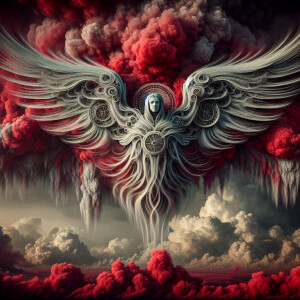 A dramatic and surreal image forming an enormous, female with wi...