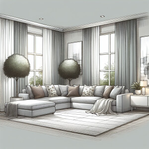 Illustration of a living room space in a house. There are long l...