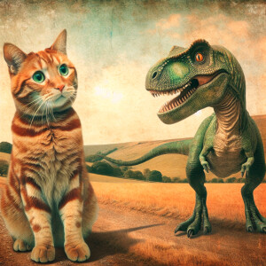A cat and a dinosaur