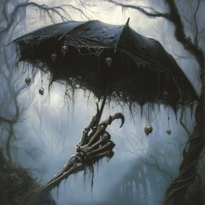 Imagine a macabre umbrella with a handle shaped like a skeletal...
