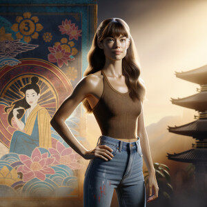 Athletic Thin skinny Attractive, Asian teenage girl, long brown hair and bangs, wearing tight skinny jeans and a halter top paint marks on her clothing, heroic pose Asian graffiti background, backside view