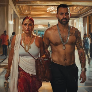 Realism.A sweaty  man walking with his mother in law with noseri...