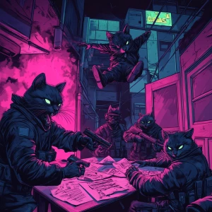 A crime boss cat flipping a table as SWAT-like cats burst throug...