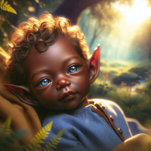 An elven baby with dark brown skin, blue eyes, and blonde hair.
