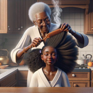 Create a realistic 3-D image of an african-American grandmother in the kitchen with her african-American granddaughter. The grandmother has a hot comb in her hair and she is straightening her granddaughters hair. One side of her granddaughters hair is in  a Afro the other is bone straight 
There is smoke coming from the hot comb