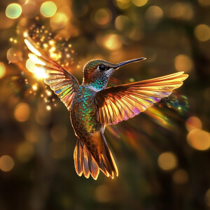 Photorealistic image. A hummingbird in flight. The sun hits the...