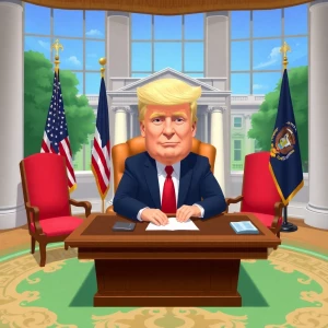 Trump sits at desk in White House, in pixar art style