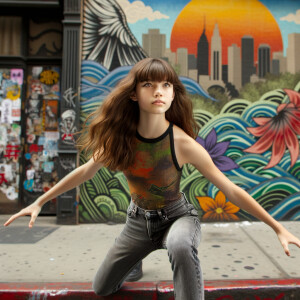 teenage girl, long brown hair and bangs, wearing tight skinny jeans and a halter top paint marks on her clothing, heroic pose Asian graffiti background, nearing on one knee