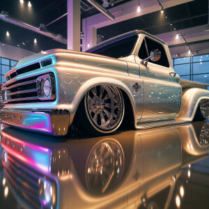 Heavily modified lowrider truck with metallic creamy white  liqu...