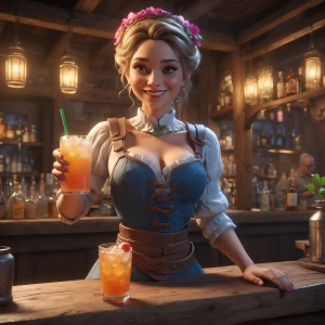 A bar maiden. Not dressed. Serving drinks to adventurers.