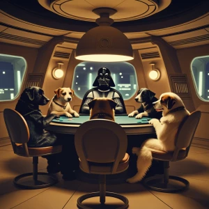 Darth Vader playing poker with different breeds of dogs, each sh...