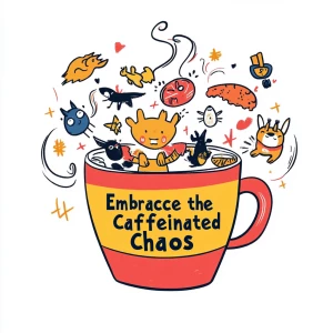 Cartoon coffee cup overflowing with whimsical chaos, swirling st...