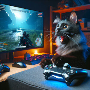 A joyful black cat engaging in playing a video game during a liv...