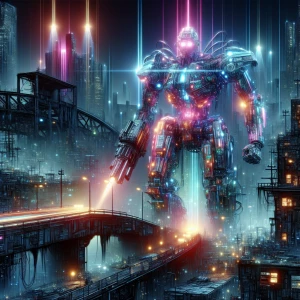 A luminescent robotic army advances through a ruined cityscape i...
