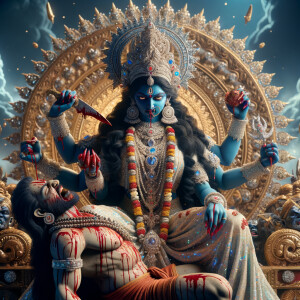 portrait of angry looking goddess kali, blue skinned, sitting on a gold crown and carrying a weak mahishasur on her lap and stabbing him with her amazing red finger nails. She is wearing diamond armor, a huge diamond crown, red saree, abundant diamond jewelry, covered in blood. The scene is set in ancient India. The image is 8K resolution, cinematic, ultra detailed face and epic.