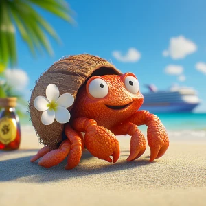 Create a charming cartoon image of a female red hermit crab, coc...
