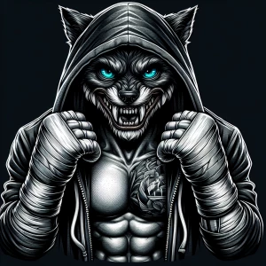 A cartoonish yet vary detailed boxer with hoodie style cape. Blu...