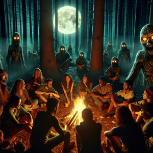 "In the heart of the dense, moonlit forest, a group of campers g...
