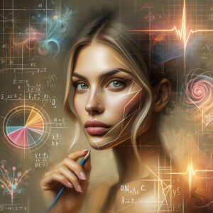 Abstract, minimalist, painting, with pencil line, paint stroke, gestures, colorful marks, mathematical equations, electrical cardiogram, printouts complex math formulas, dna asian teen girl