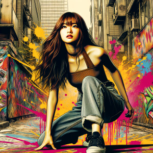 teenage girl, long brown hair and bangs, wearing tight skinny jeans and a halter top paint marks on her clothing, heroic pose Asian graffiti background, nearing on one knee