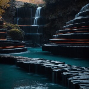 Create an image of vibrant floating waterfall fountain made from...